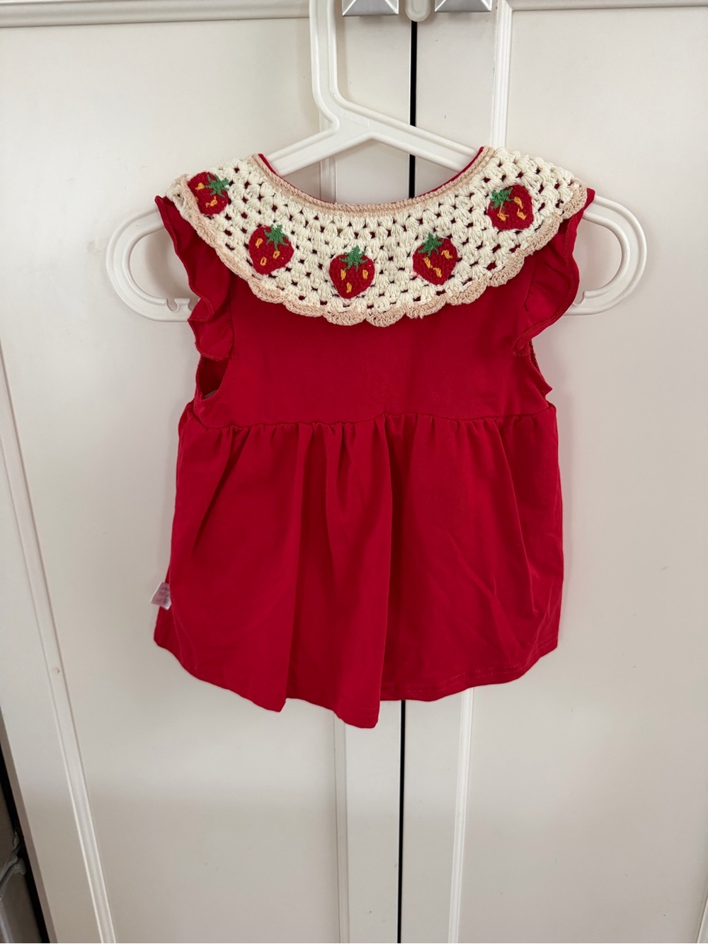 Sleeveless size 80 romper dress with Crocheted Strawberry Collar